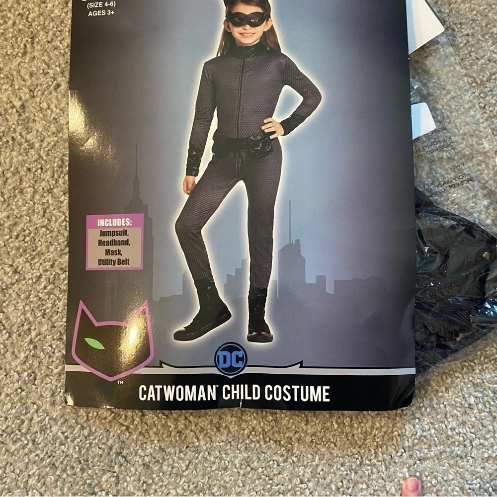 Cat Woman Kids Costume Small Kids Jumpsuit Headband Eye Mask Halloween DC Black